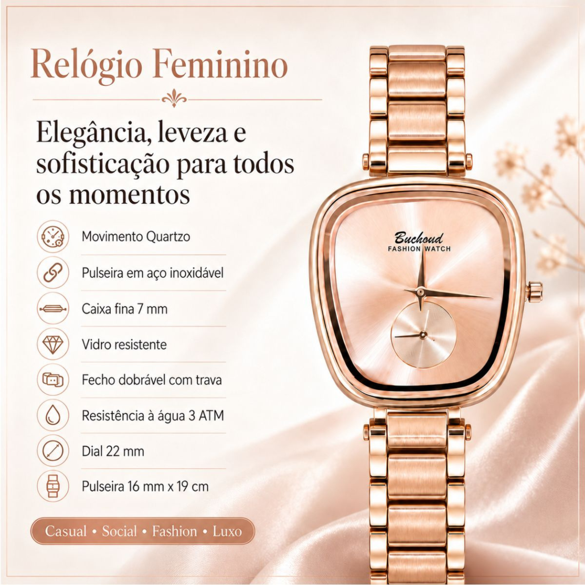 Relógio Feminino Zoe — Elegância Rosé em Aço Inox