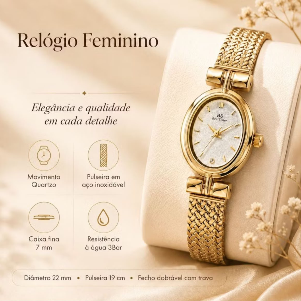 Relógio Feminino Liz Dourado em Aço Inox — Elegante e Clássico